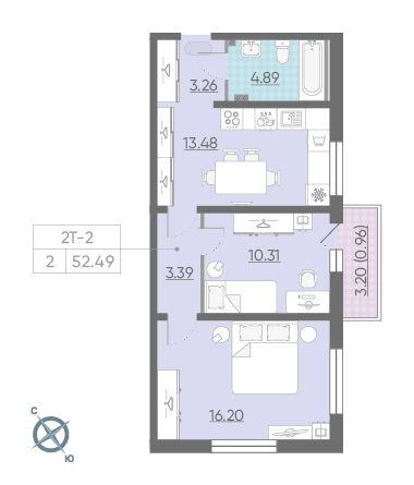 Двухкомнатная квартира 52.49 м²