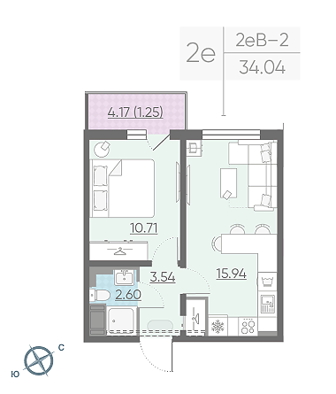 Однокомнатная квартира 34.04 м²