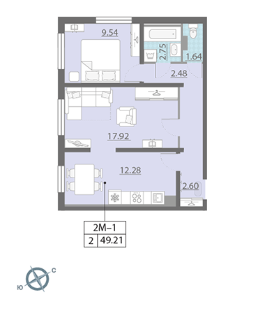 Двухкомнатная квартира 49.21 м²