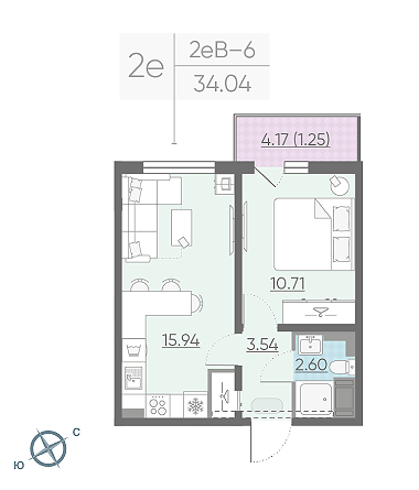 Однокомнатная квартира 34.04 м²