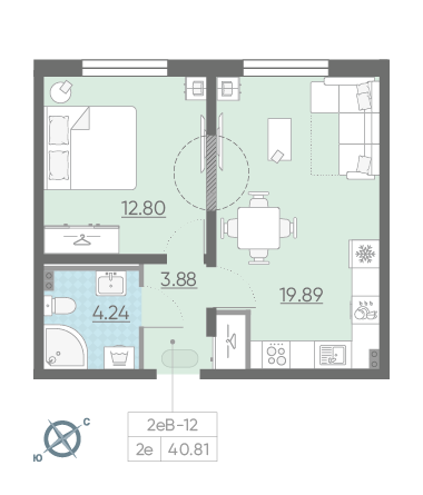 Однокомнатная квартира 40.81 м²