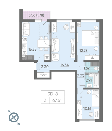 Трёхкомнатная квартира 67.61 м²