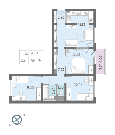 Трёхкомнатная квартира 65.75 м²