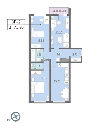 Трёхкомнатная квартира 73.95 м²