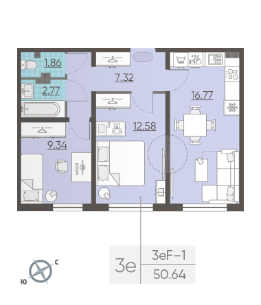 Двухкомнатная квартира 50.64 м²