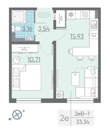 Однокомнатная квартира 33.34 м²