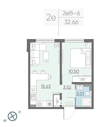 Однокомнатная квартира 32.66 м²