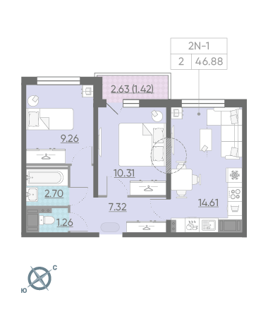 Двухкомнатная квартира 46.88 м²