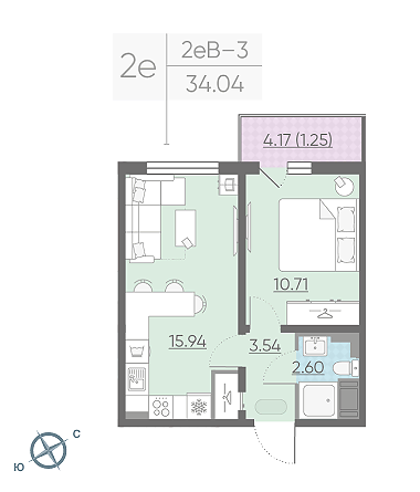 Однокомнатная квартира 34.04 м²