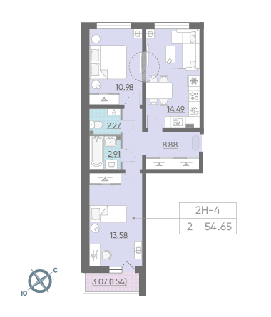 Двухкомнатная квартира 54.65 м²