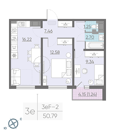 Двухкомнатная квартира 50.79 м²