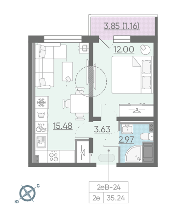 Однокомнатная квартира 35.24 м²