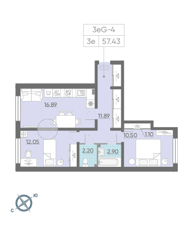 Двухкомнатная квартира 57.43 м²