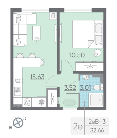 Однокомнатная квартира 32.66 м²