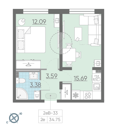 Однокомнатная квартира 34.75 м²