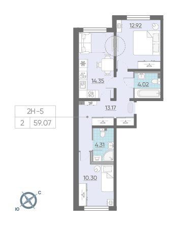 Двухкомнатная квартира 59.07 м²