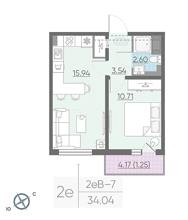 Однокомнатная квартира 34.04 м²
