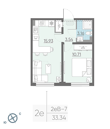 Однокомнатная квартира 33.34 м²