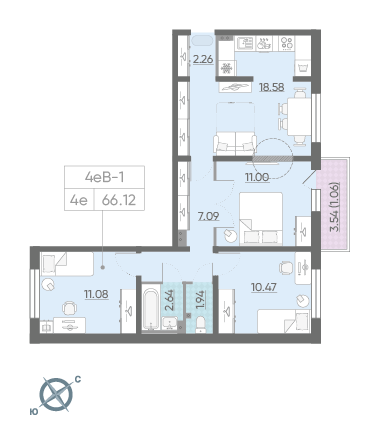 Трёхкомнатная квартира 66.12 м²