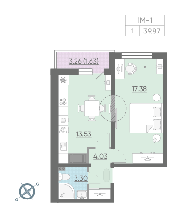Однокомнатная квартира 39.87 м²
