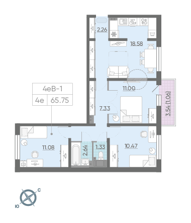 Трёхкомнатная квартира 65.75 м²