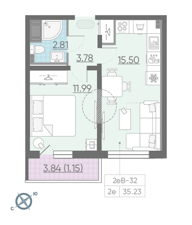Однокомнатная квартира 35.23 м²