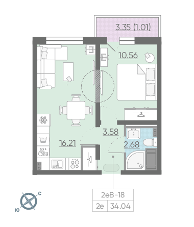 Однокомнатная квартира 34.04 м²