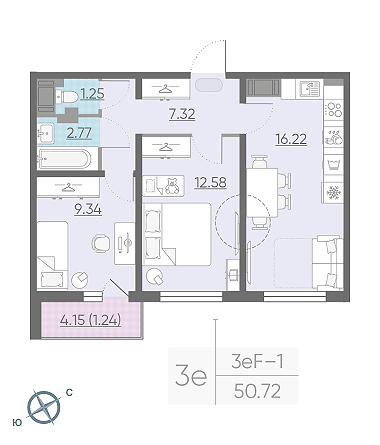 Двухкомнатная квартира 50.72 м²