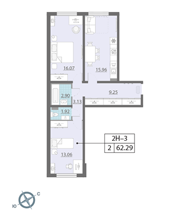 Двухкомнатная квартира 62.29 м²