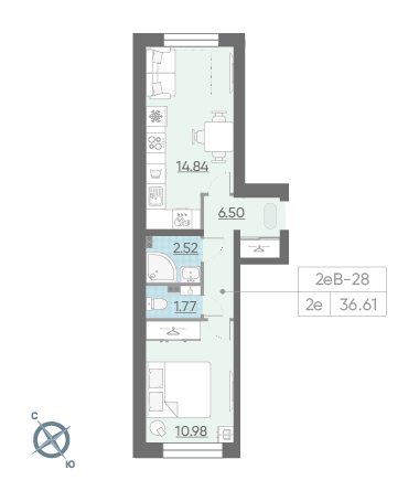 Однокомнатная квартира 36.61 м²