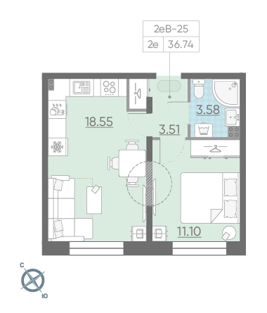 Однокомнатная квартира 36.74 м²