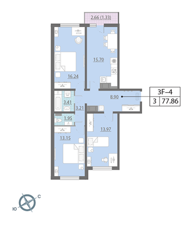 Трёхкомнатная квартира 77.86 м²