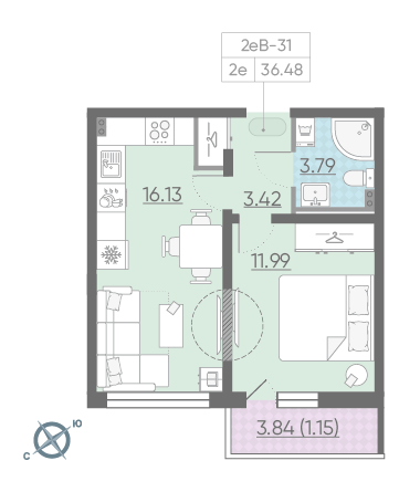 Однокомнатная квартира 36.48 м²