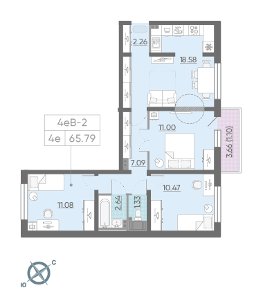 Трёхкомнатная квартира 65.79 м²