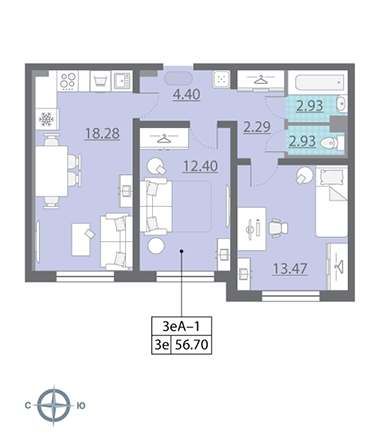 Двухкомнатная квартира 56.4 м²