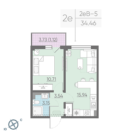 Однокомнатная квартира 34.46 м²