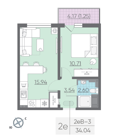 Однокомнатная квартира 34.04 м²