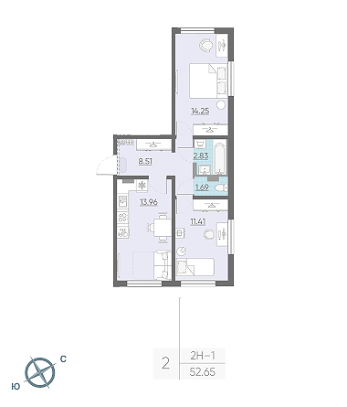 Двухкомнатная квартира 52.65 м²