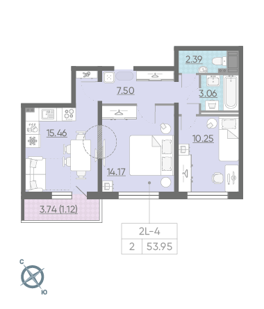 Двухкомнатная квартира 53.95 м²