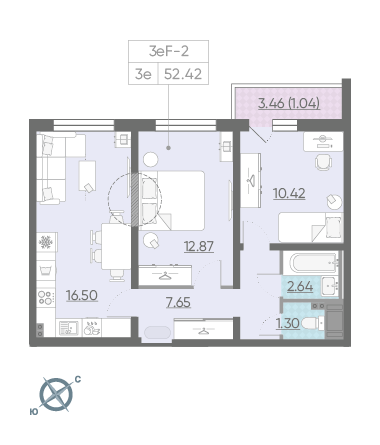Двухкомнатная квартира 52.42 м²