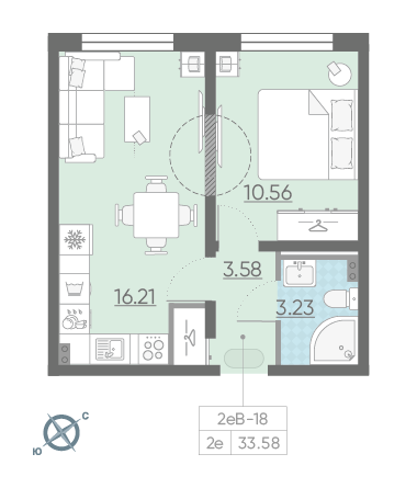 Однокомнатная квартира 33.58 м²