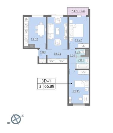 Трёхкомнатная квартира 66.89 м²