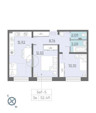 Двухкомнатная квартира 52.49 м²
