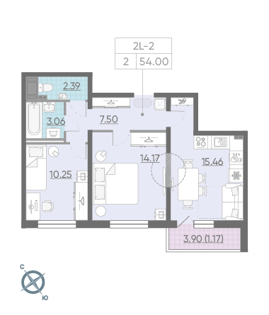 Двухкомнатная квартира 54 м²
