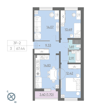 Трёхкомнатная квартира 67.44 м²