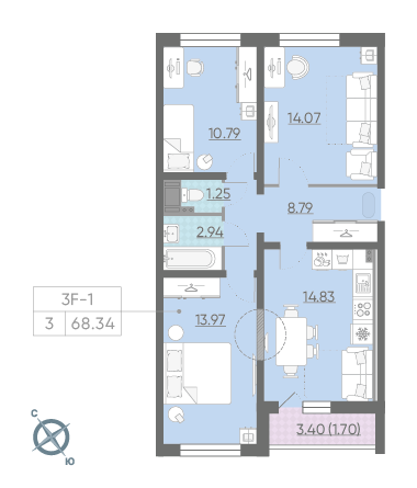 Трёхкомнатная квартира 68.34 м²