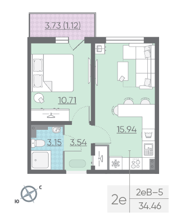 Однокомнатная квартира 34.46 м²
