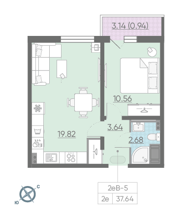 Однокомнатная квартира 37.64 м²
