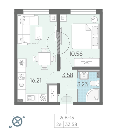 Однокомнатная квартира 33.58 м²