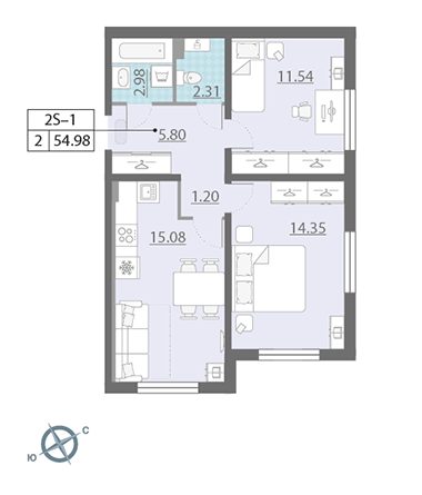 Двухкомнатная квартира 53.26 м²